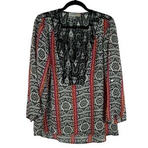 Figueroa & Flower Boho Aztec Sheer Split Neck Long Sleeve Tunic Top Large Black